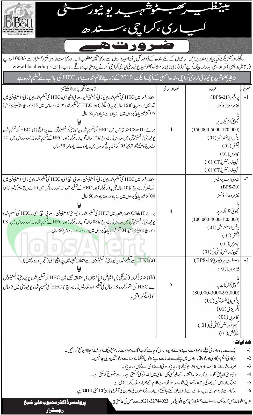 Benazir Bhutto Shaheed University Jobs 2014 Karachi Sindh