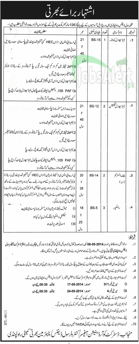 Department of Civil Defence Jobs for Chief Instructor Rawalpindi