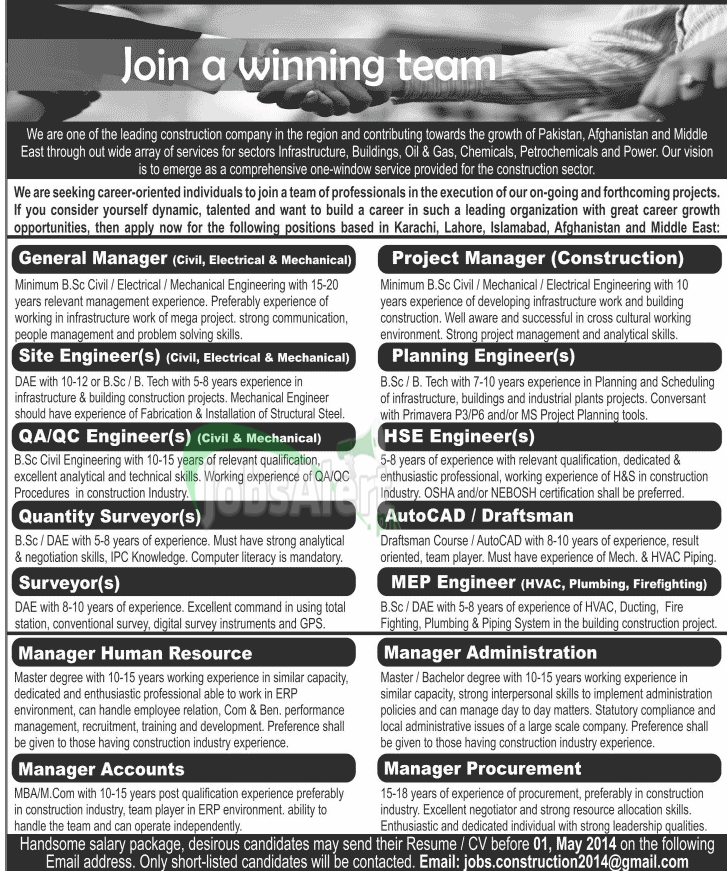 General Manager & Engineer Jobs in Construction Company Pakistan