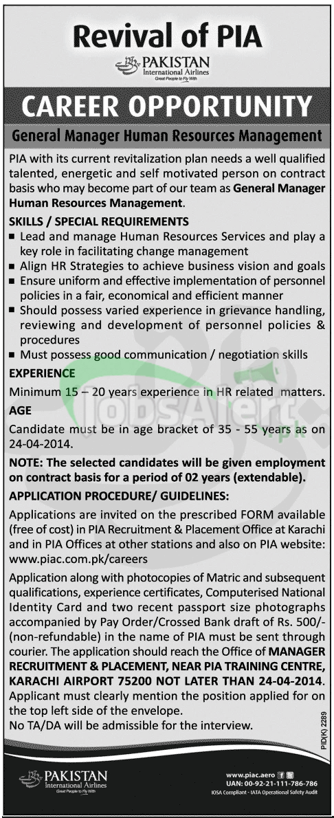 General Manager Jobs 2014 in PIA Karachi