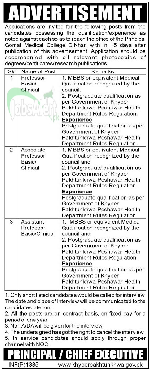 Gomal Medical College Jobs 2014 for Professor in DI Khan KPK