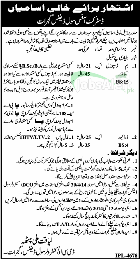 Govt. Jobs in District Office of Civil Defence 2014 Gujrat