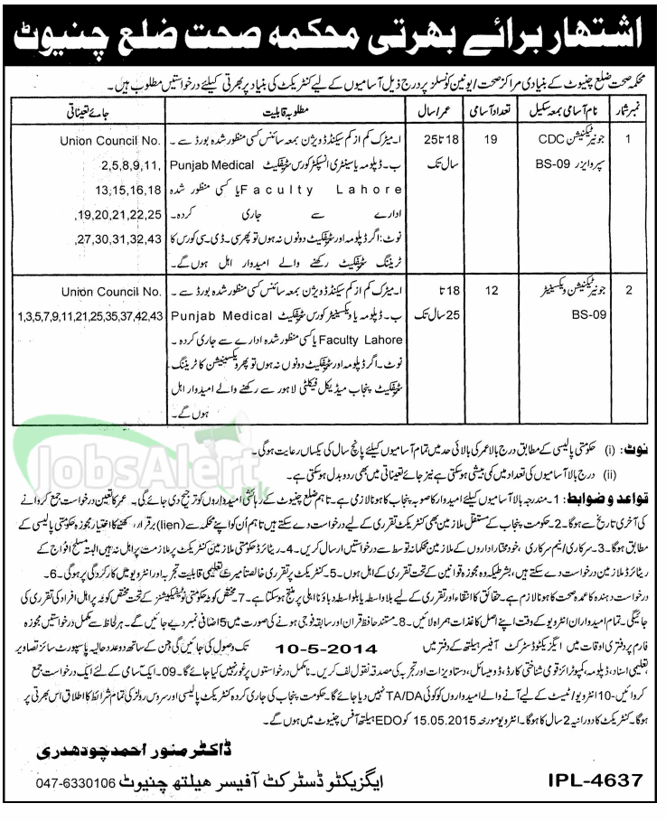 Health Department Jobs for Supervisor 2014 District Chiniot