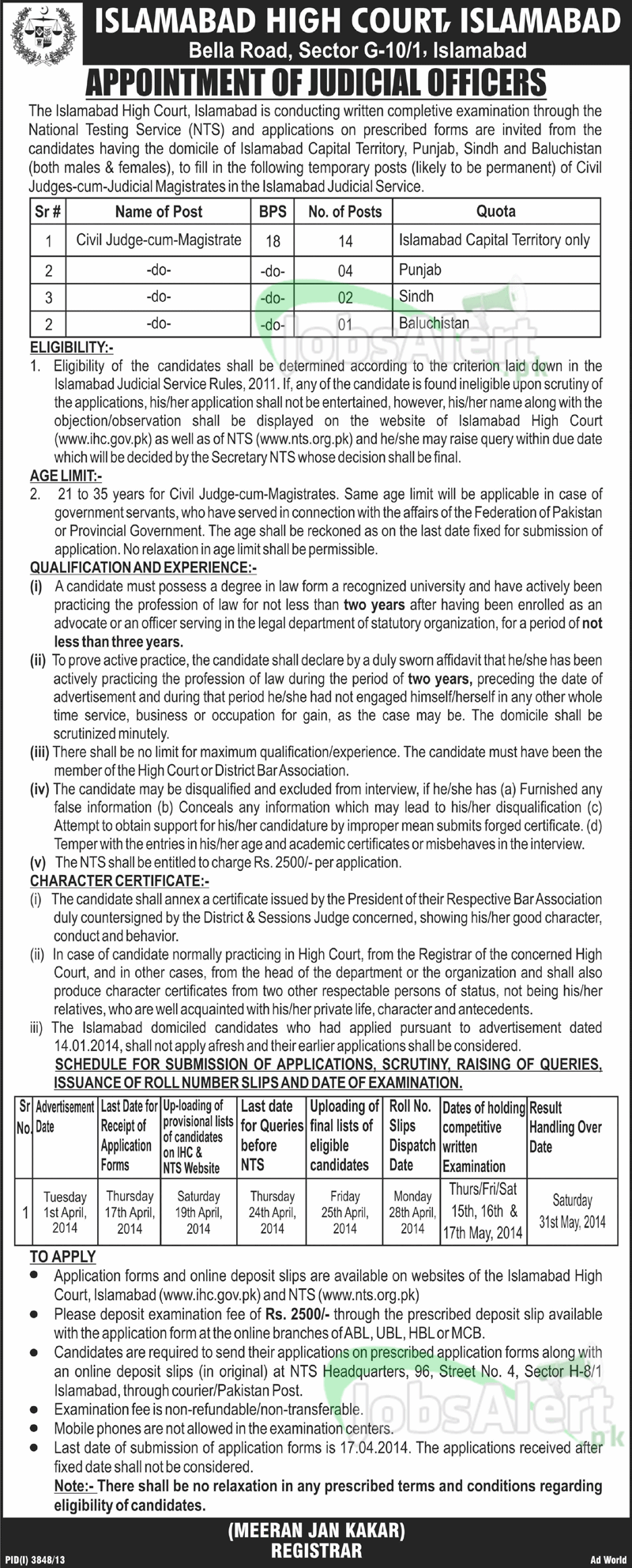 Islamabad High Court Jobs for Civil Judge (BPS-18) 2014 by (NTS)