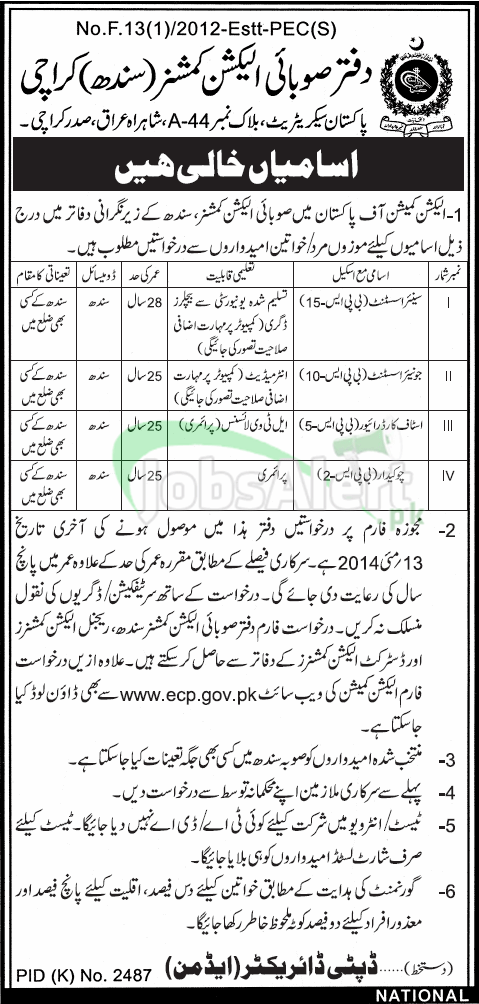 Jobs in Office of Provincial Election Commissioner Karachi Sindh
