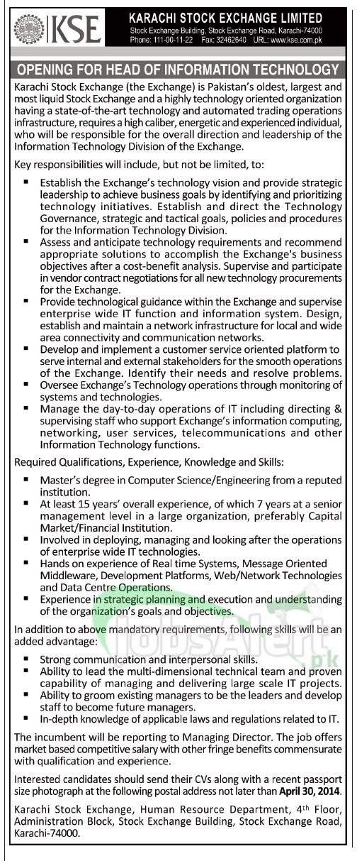 Karachi Stock Exchange Limited Jobs 2014 Karachi