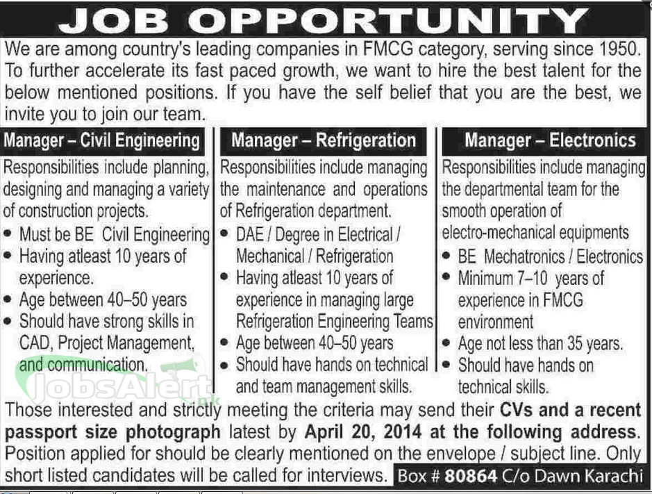 Manager Jobs 2014 in Leading Companies in FMCG Karachi