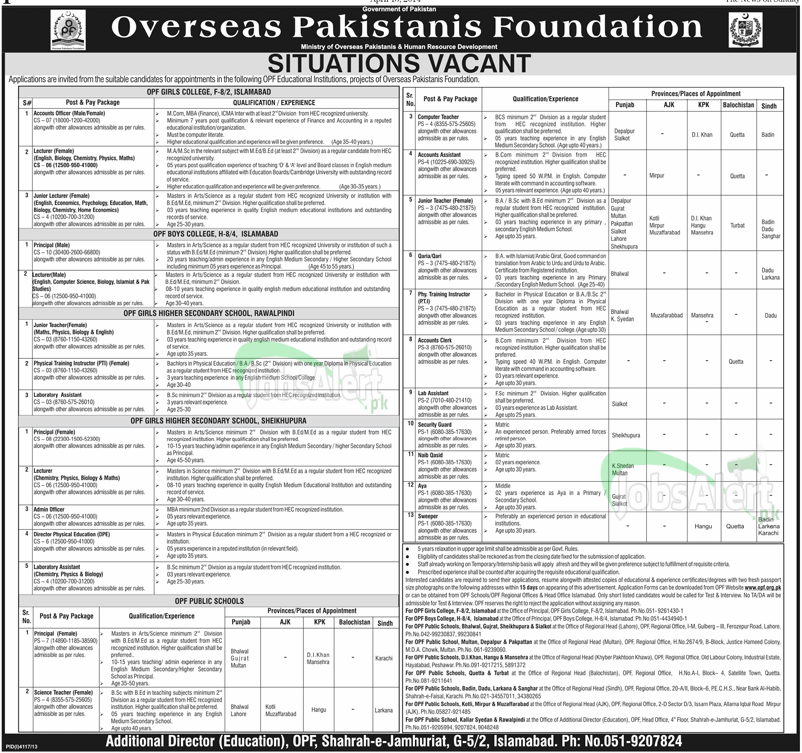 Overseas Pakistanis Foundation (OPF) Jobs For Lecturer Islamabad