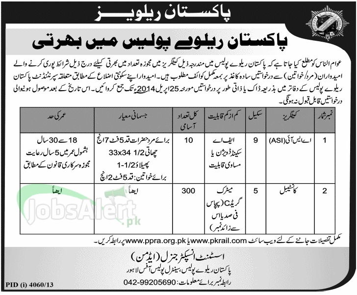 Pakistan Railways Police Jobs 2014 for ASI & Constable in Lahore