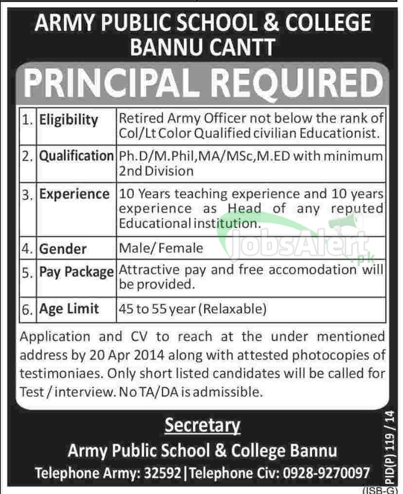 Principal Jobs in Army Public School & College Bannu 2014
