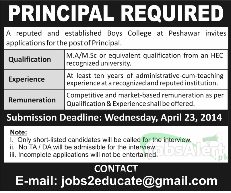 Principal Jobs in Boys College Peshawar 2014 Khyber Pakhtunkhwa