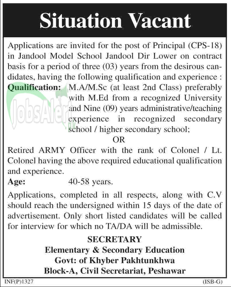 Principal Jobs in Jandool Model School Govt. of KPK 2014