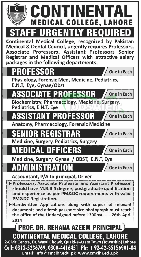 Professor Jobs in Continental Medical College Lahore 2014