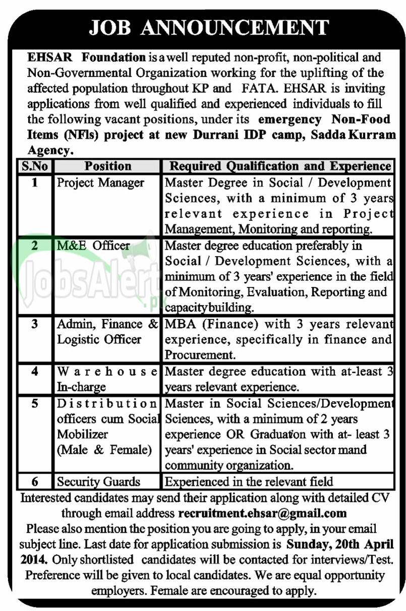Project Manager & Finance Officer Jobs in EHSAR Foundation KPK