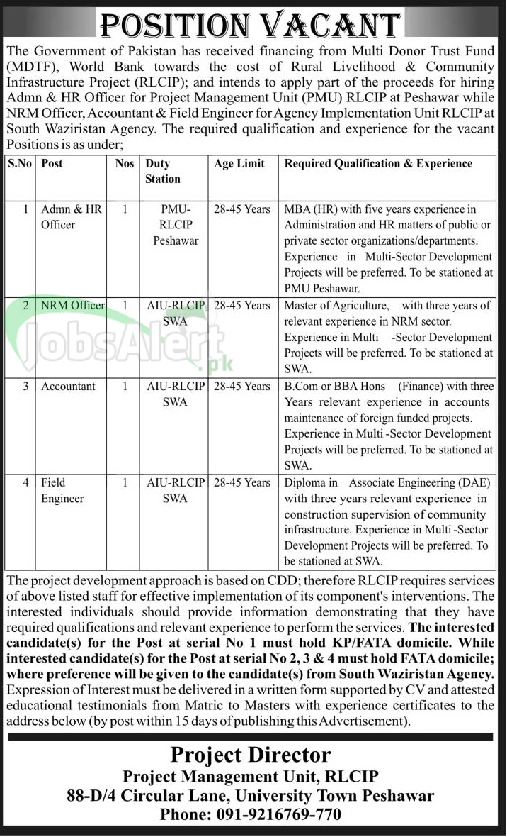 RLCIP Jobs for Accountant 2014 Government of Pakistan Peshawar