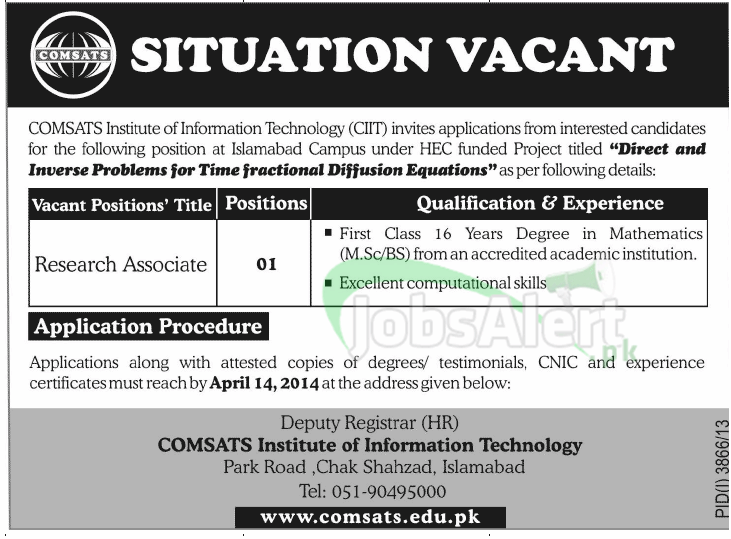 Research Associate Jobs 2014 in COMSATS Islamabad