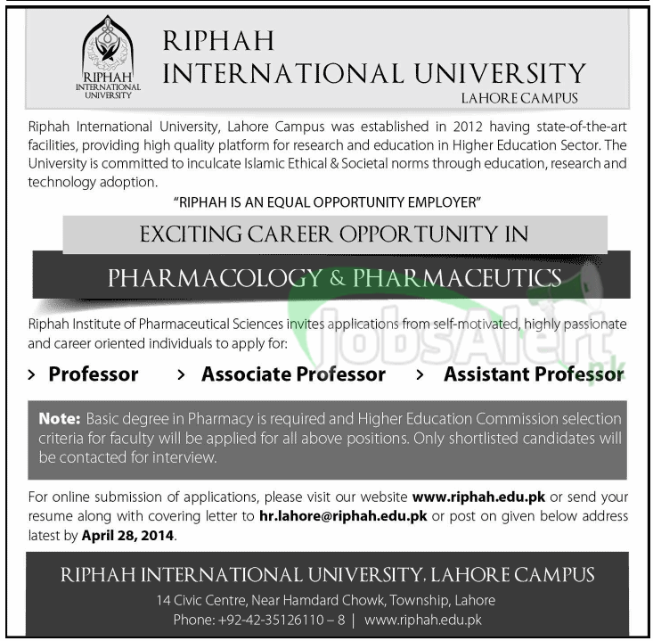 Riphah International University Jobs for Professor 2014 Lahore