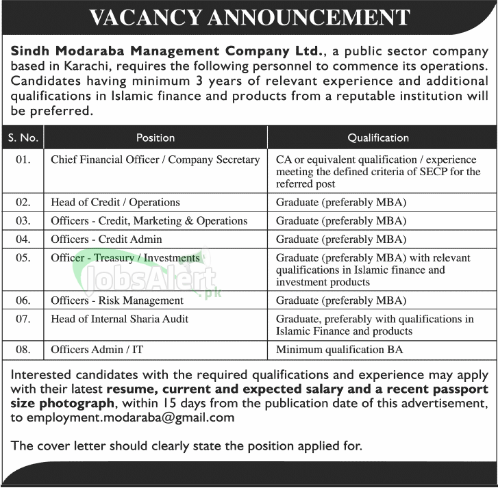 Sindh Modaraba Management Company Ltd. Jobs 2014 Karachi