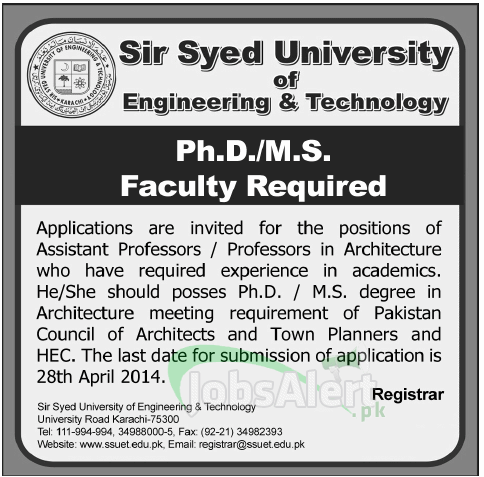 Sir Syed University of Engineering & Technology Jobs 2014 KHI