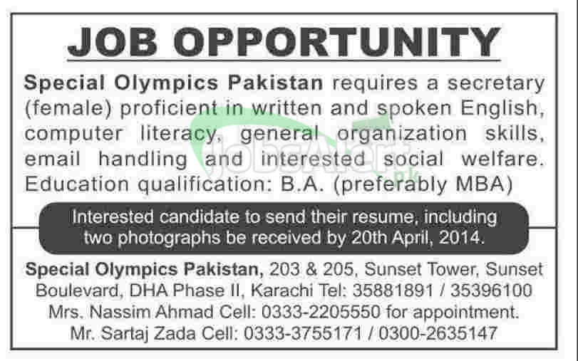 Special Olympics Pakistan Jobs 2014 Secretary Female Karachi