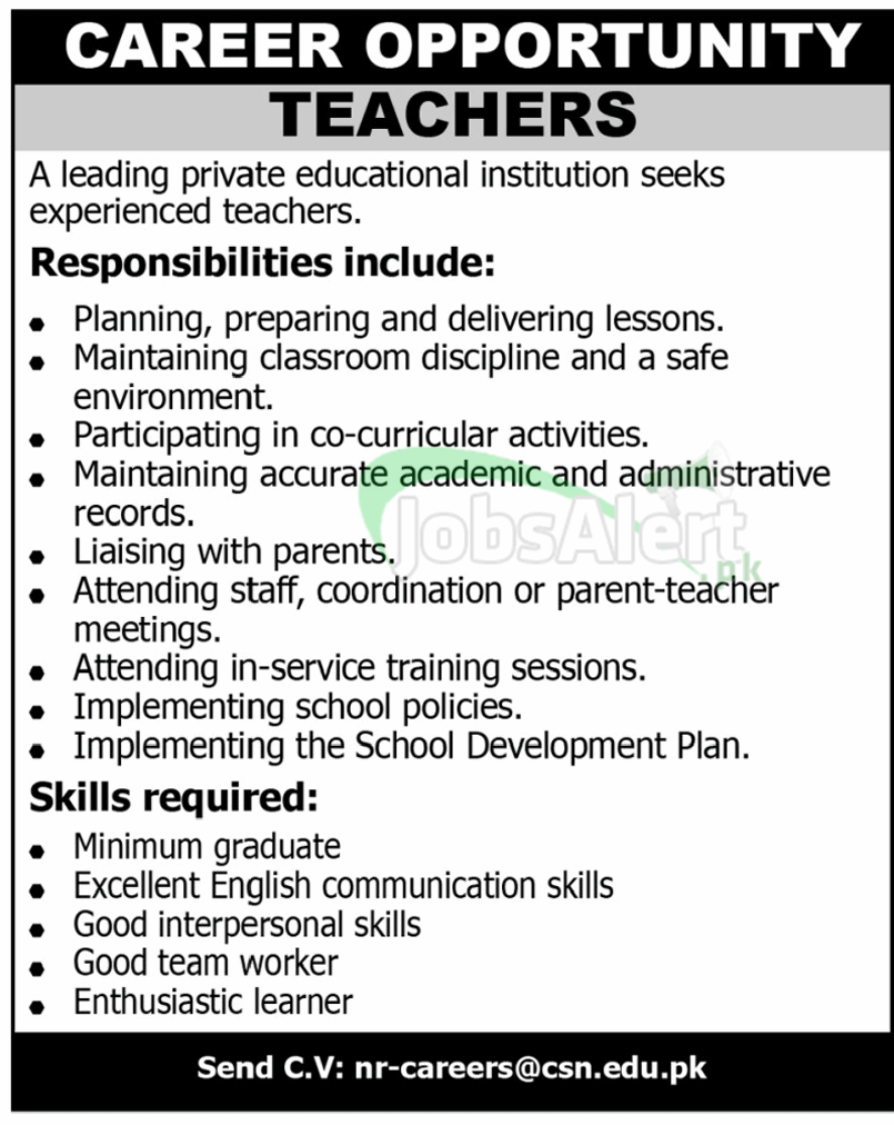 Teacher Jobs in Private Educational Institution Pakistan