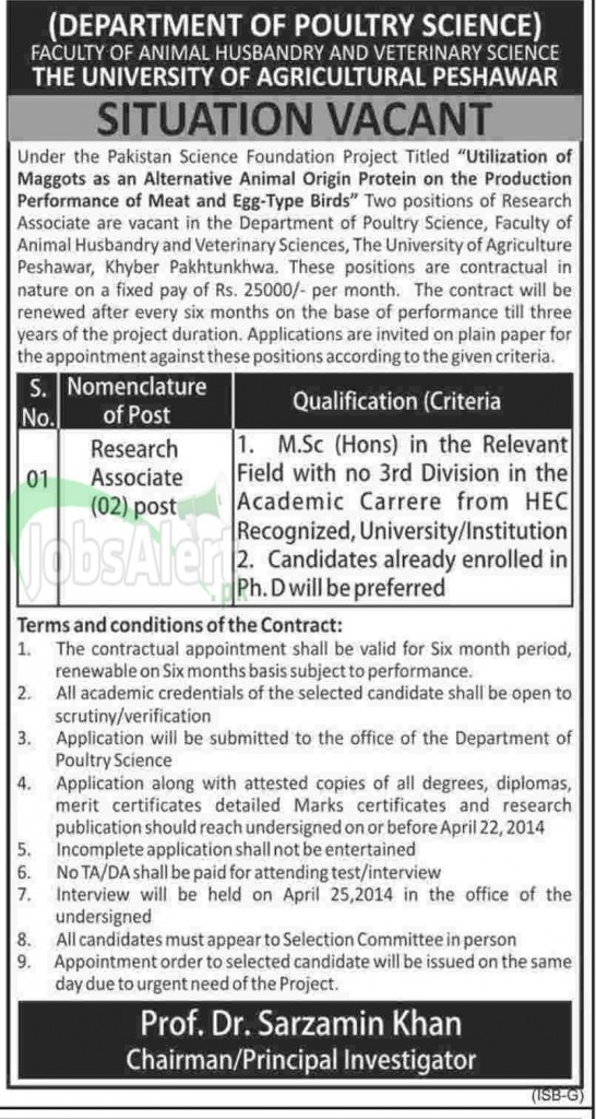 The University of Agricultural Peshawar Jobs Research Associate