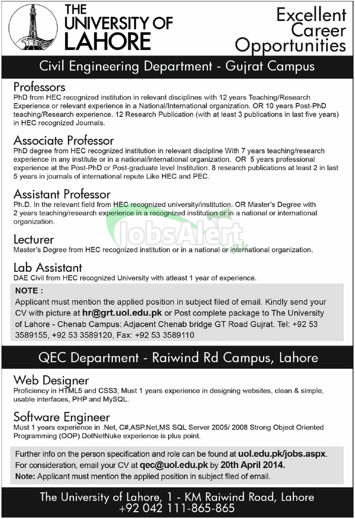 The University of Lahore Jobs 2014 in Lahore & Gujrat Campus