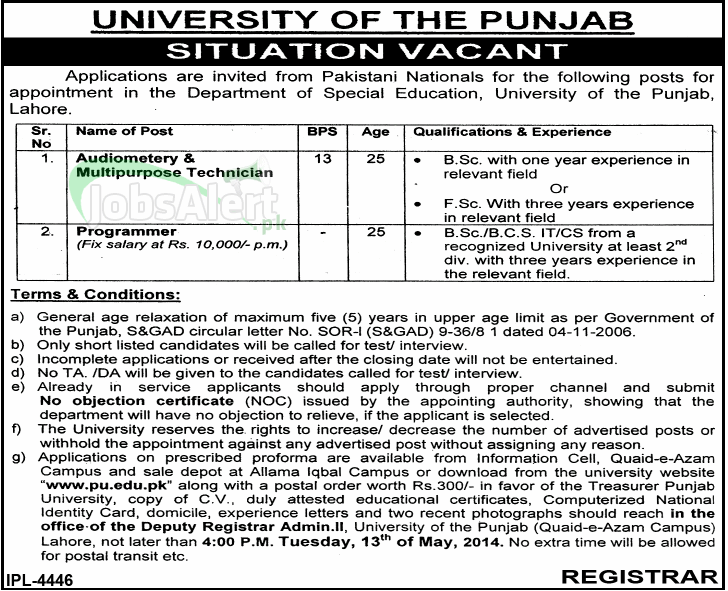University of the Punjab Jobs for Programmer 2014 Lahore