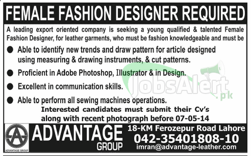 Advantage Group Jobs for Female Fashion Designer 2014 Lahore