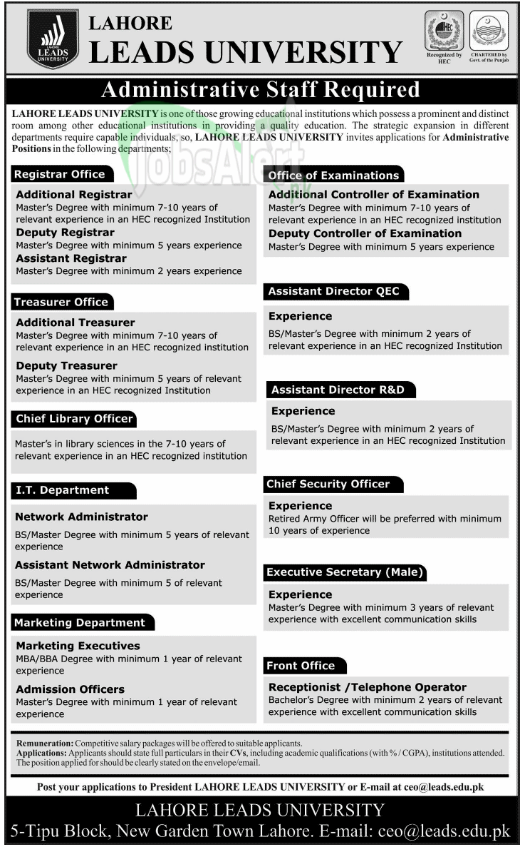 Lahore Leads University Jobs For Assistant Registrar 2014