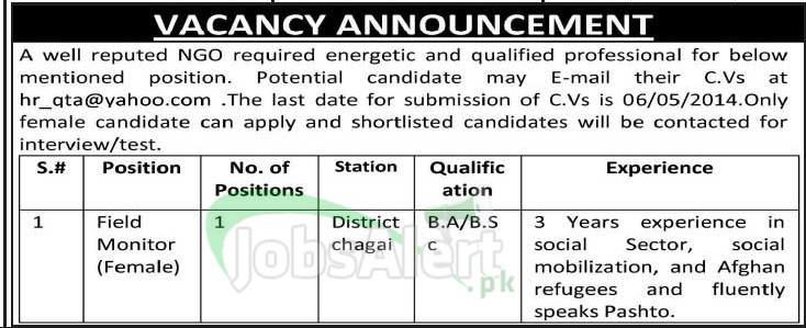 Field Monitor (Female) Jobs in NGO 2014 Distt Chagai Baluchistan