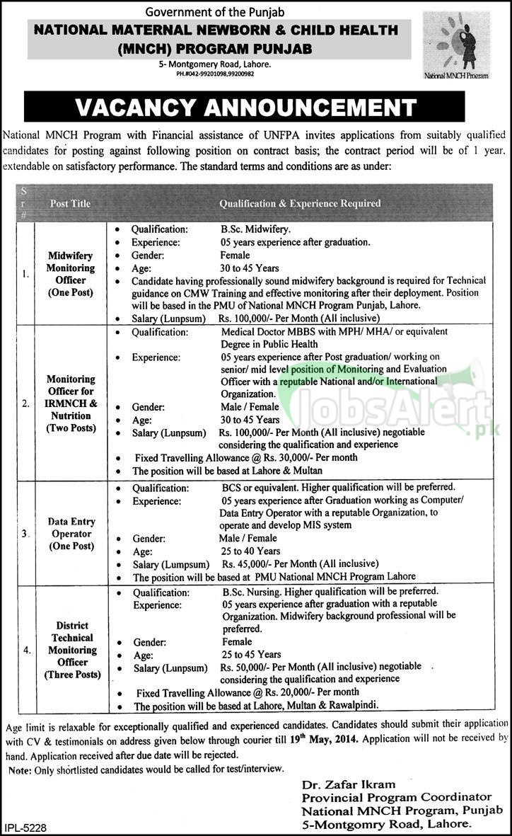 National MNCH Program Jobs 2014 Govt. of the Punjab Lahore