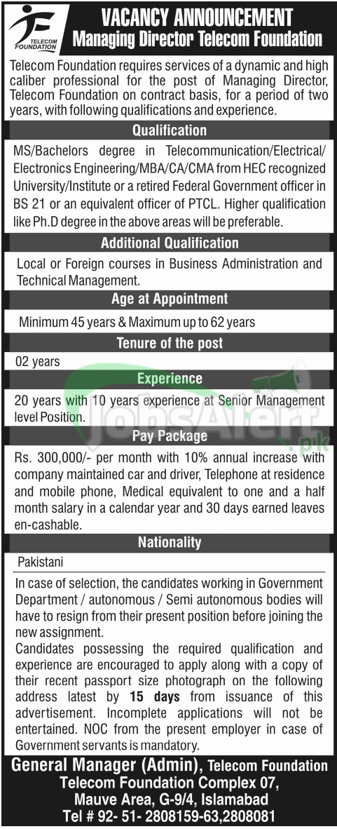 Telecom Foundation Jobs Managing Director 2014 Islamabad