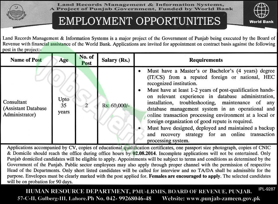 PMU LRMIS Board of Revenue Lahore