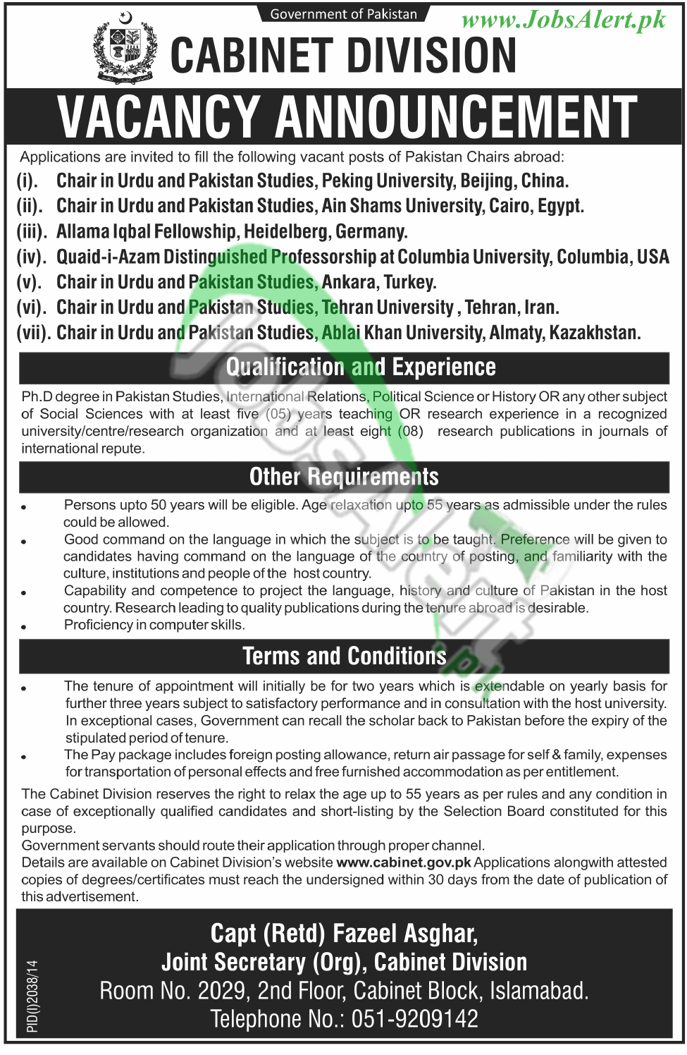 Cabinet Division Jobs 2014 Pakistan Chairs Abroad Federal Govt