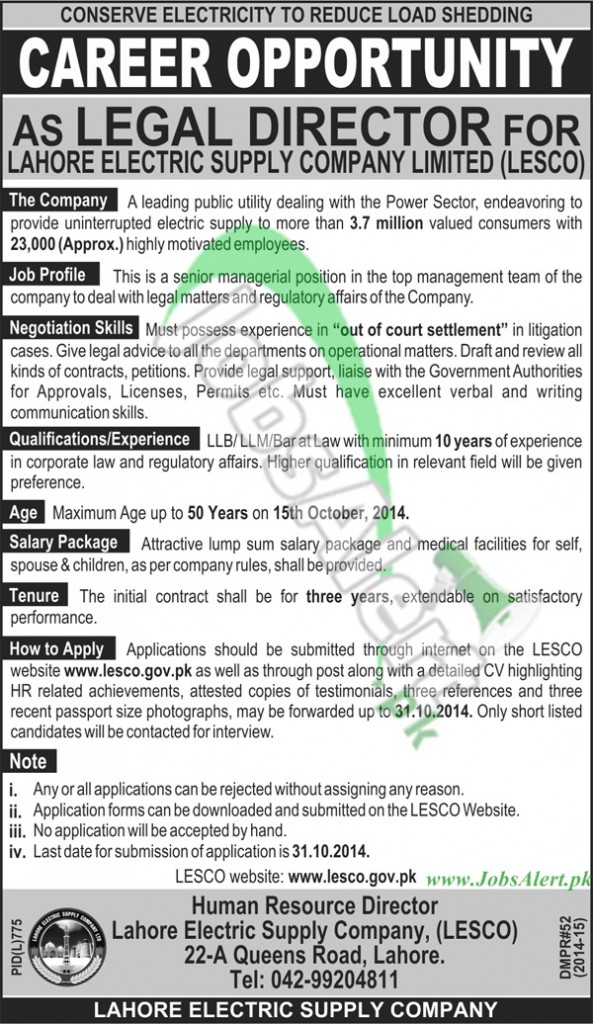 LESCO New Jobs Opportunities 2014 Apply Online JobsAlert.pk