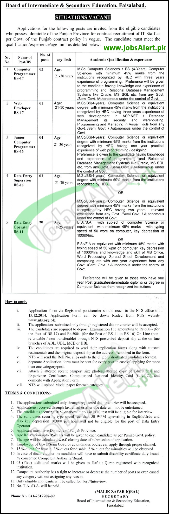 BISE Faisalabad Board Jobs 2014 BS-17 to BS-11 Male & Female NTS Form