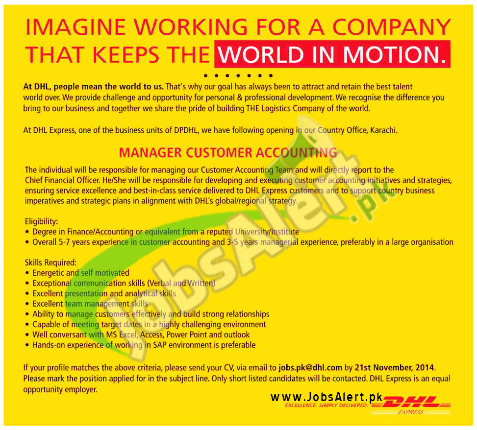 DHL Pakistan Jobs 2014 for Manager Customer Accounting Apply Online