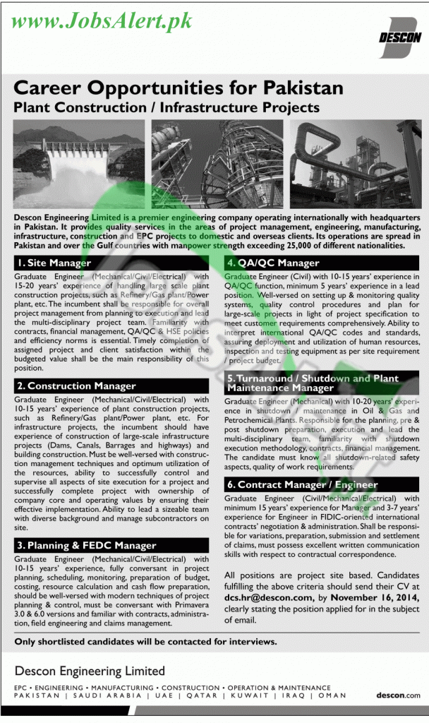 Descon Engineering Ltd Jobs 2014 for Manager & Engineer Jobs in Pakistan