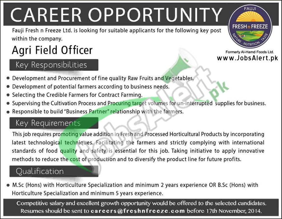 Fauji Fresh N Freeze ltd. Jobs 2014 for Agri Field Officer Pakistan