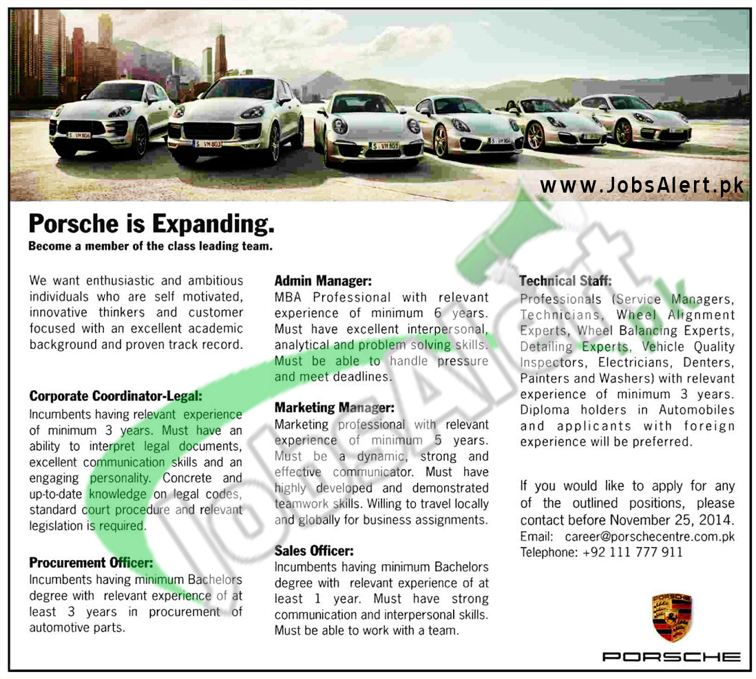 Jobs in Porsche Pakistan 2014 Coordinator, Admin & Marketing Manager