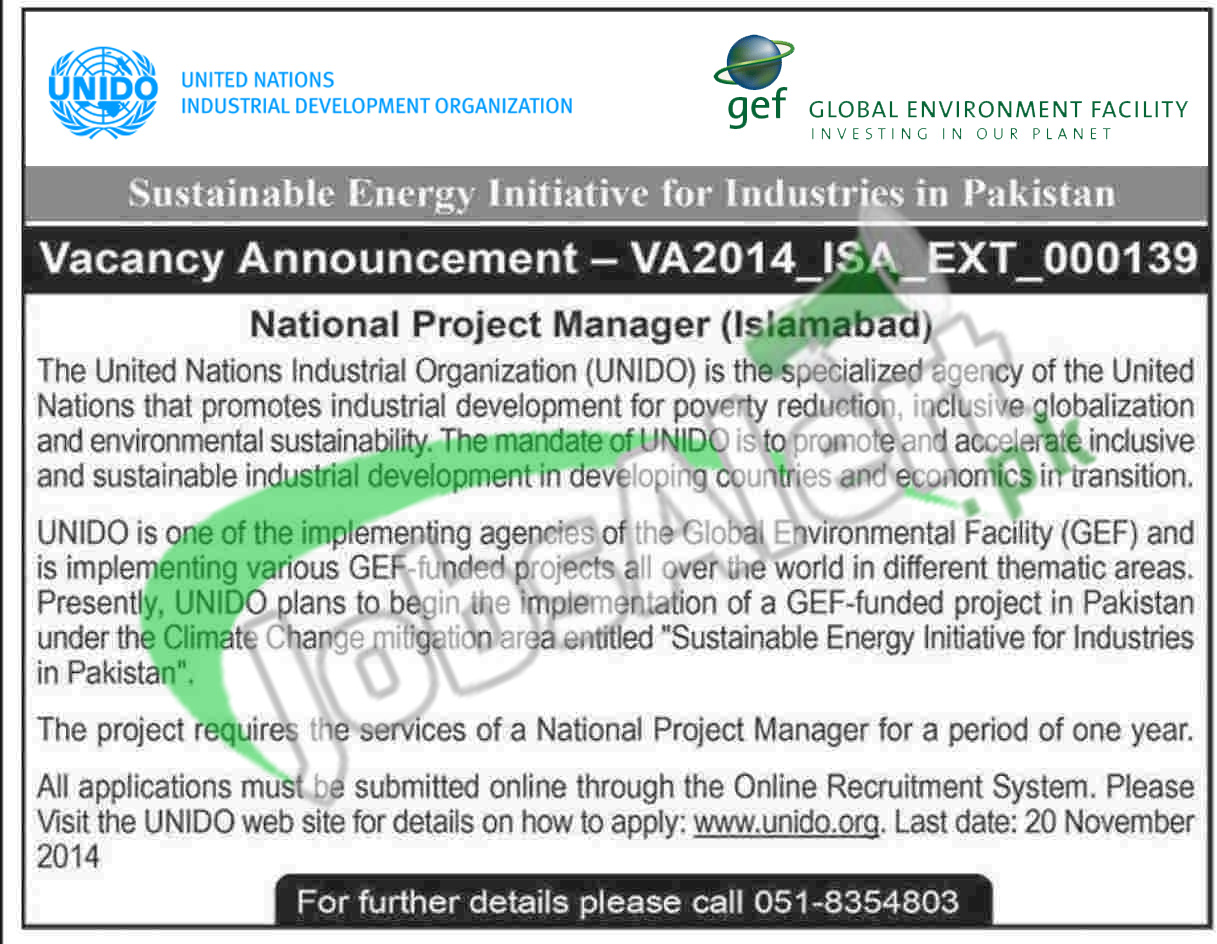 UNIDO Pakistan Jobs 2014 for National Project Manager