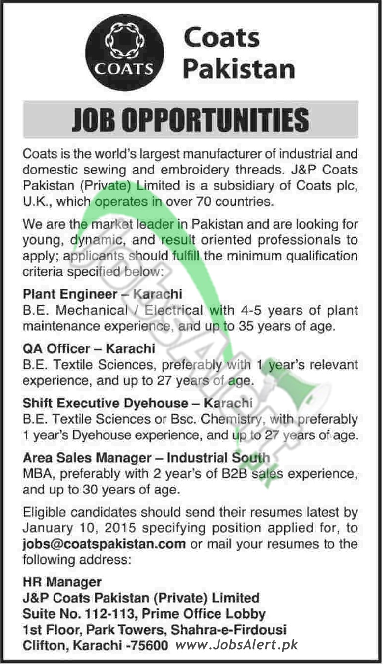 Coats Pakistan Jobs Dec 2014