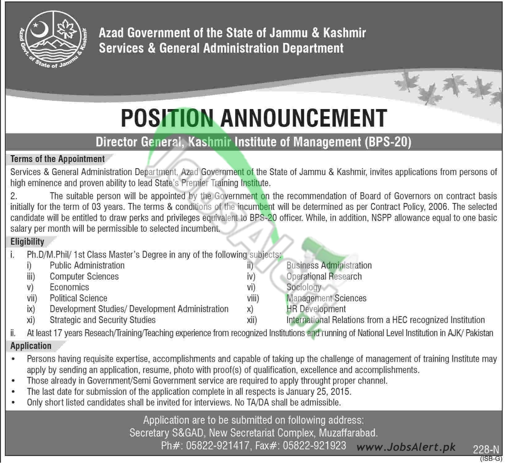 Services & General Administration Department Jobs 2014 Director General