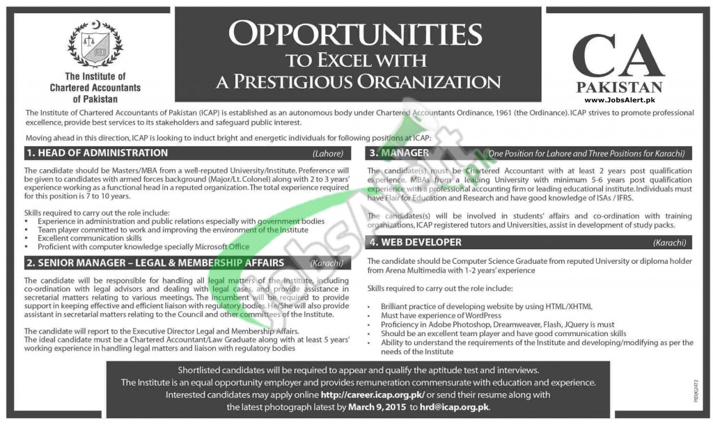 Institute of Chartered Accountants of Pakistan (ICAP) Jobs 2015 Lahore & Karachi JobsAlert.pk