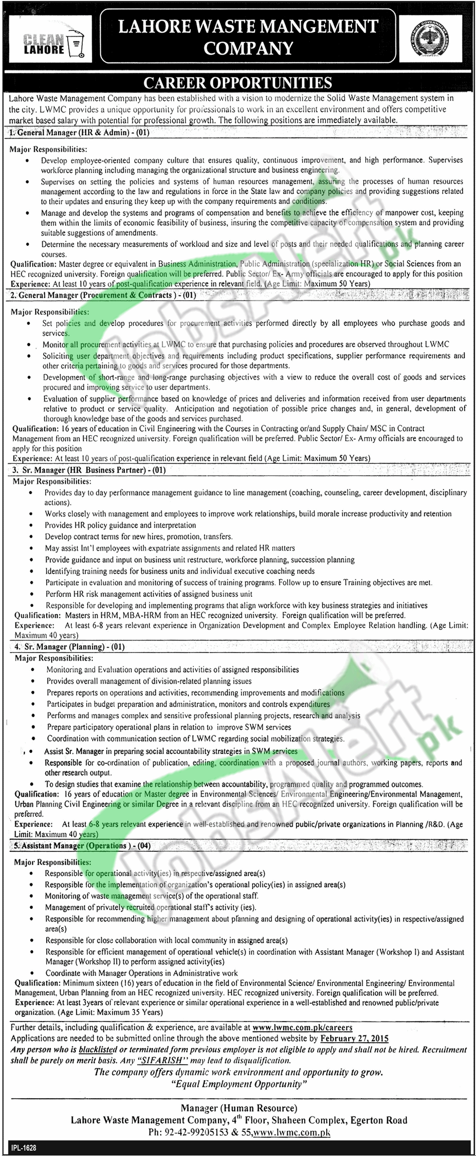 Lahore Waste Management Company Jobs