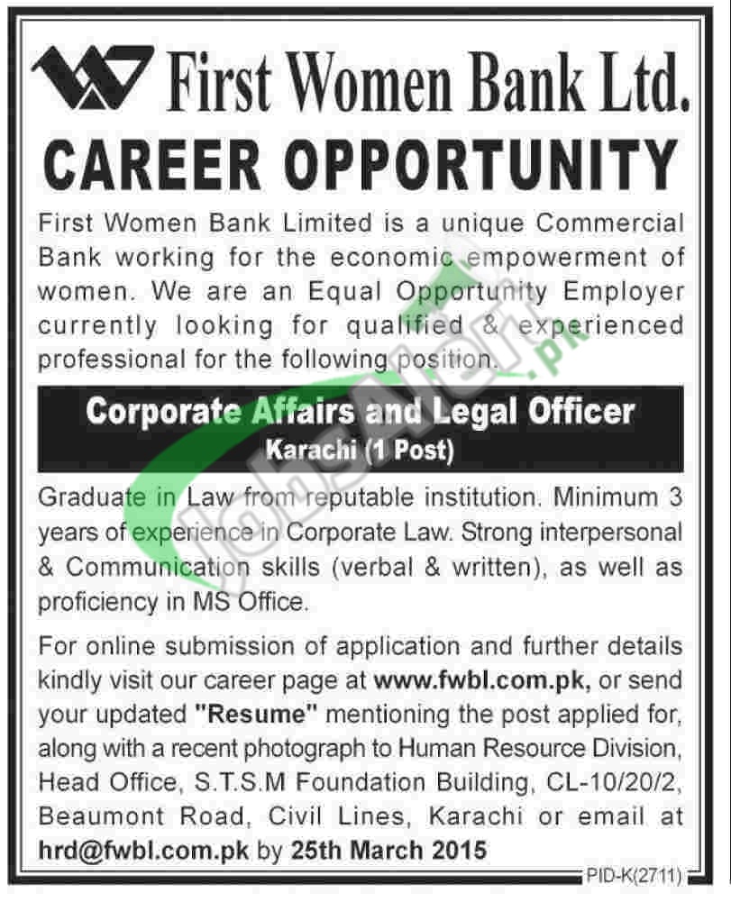 First Women's Bank Pakistan Jobs