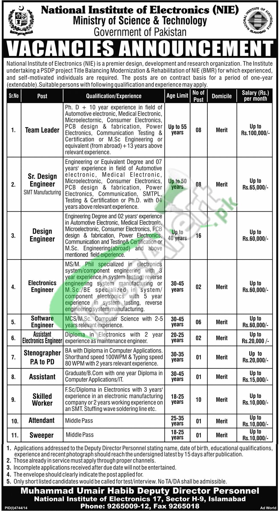 National Institute of Electronics (NIE) Islamabad Jobs