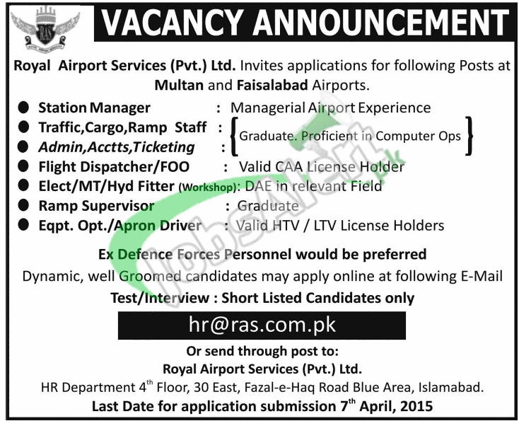Royal Airport Services Pakistan Jobs