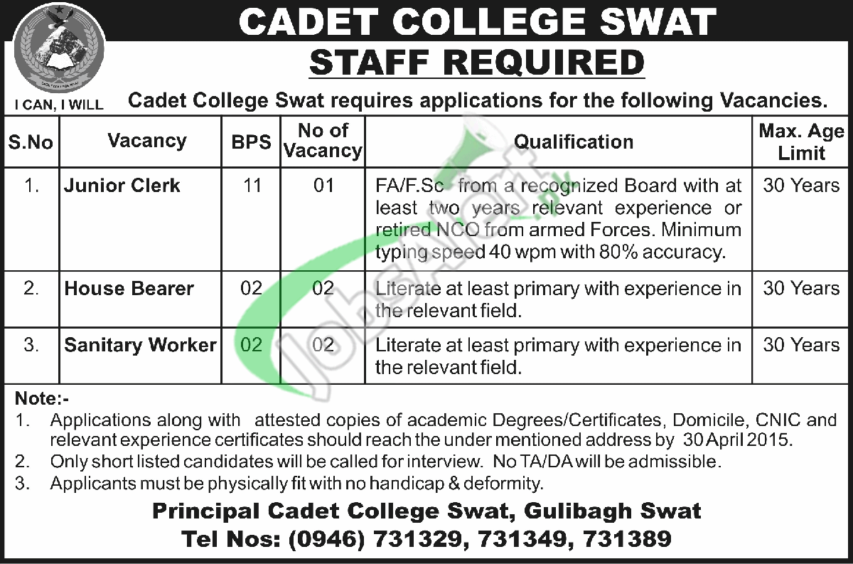 Cadet College Swat Jobs
